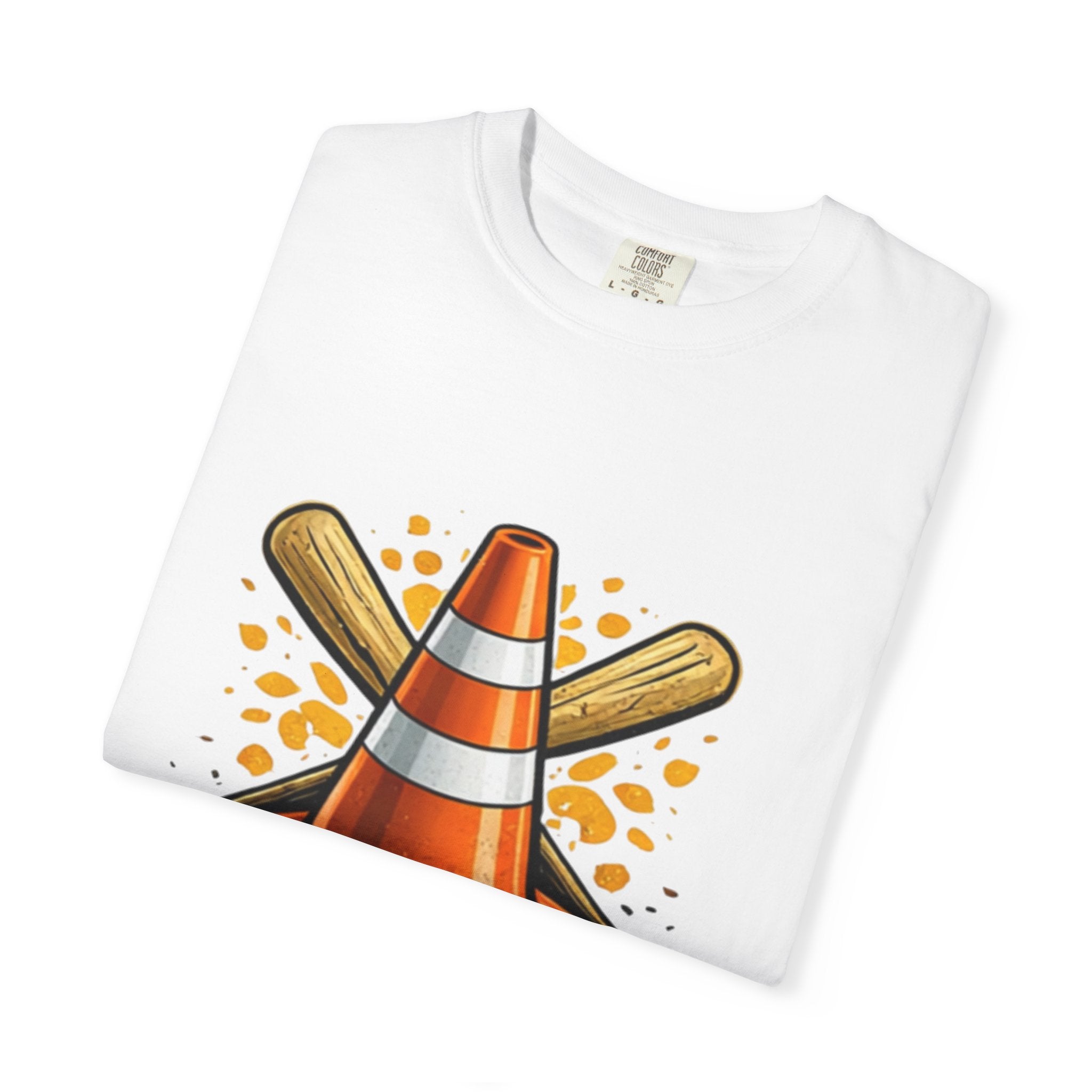 Home Run Baseball T-Shirt — Playful Traffic Cone & Bat Design