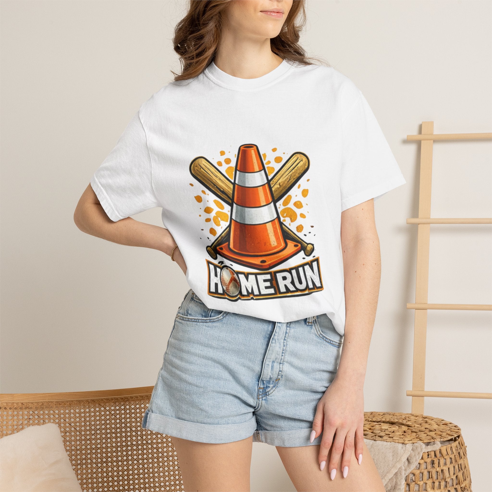 Home Run Baseball T-Shirt — Playful Traffic Cone & Bat Design