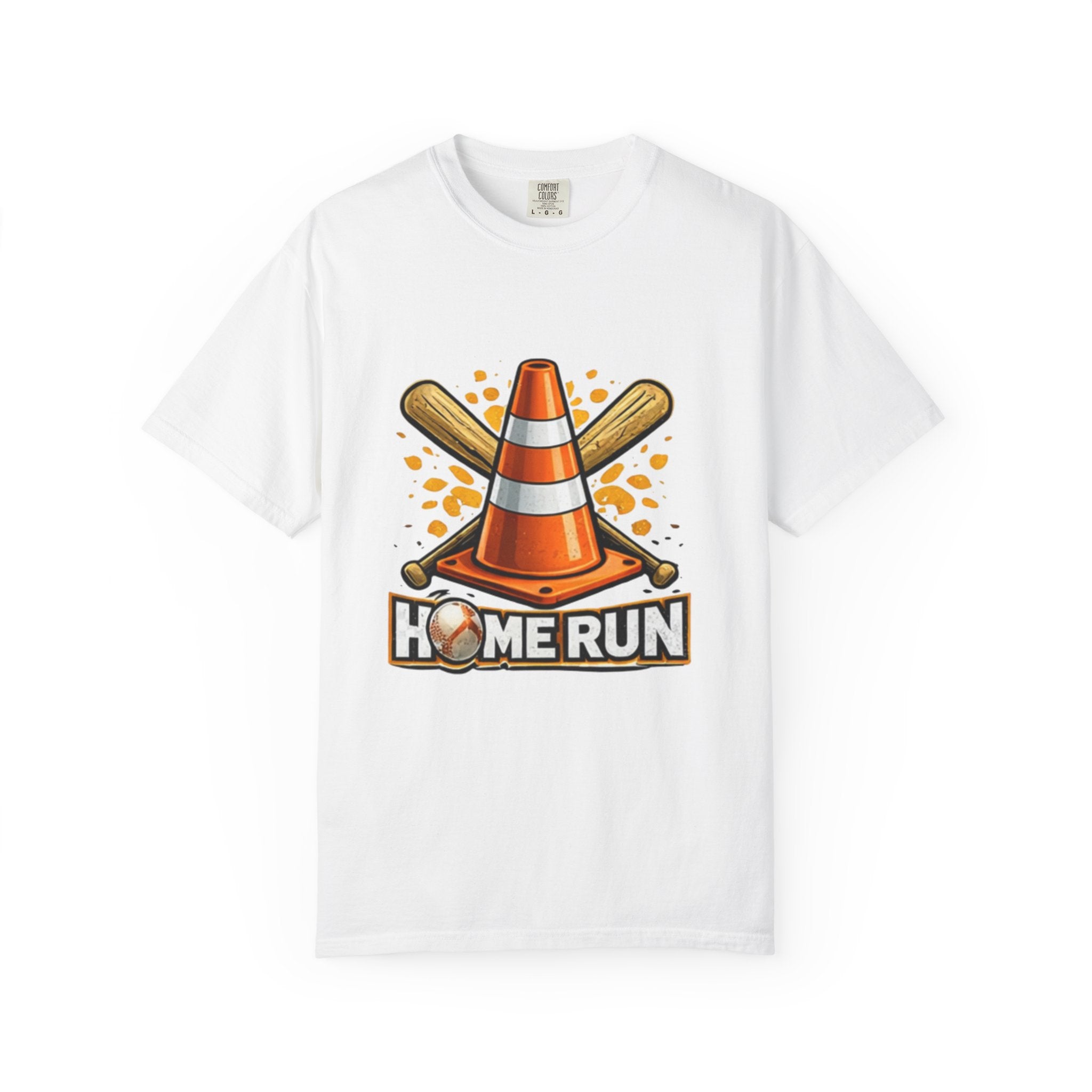 Home Run Baseball T-Shirt — Playful Traffic Cone & Bat Design